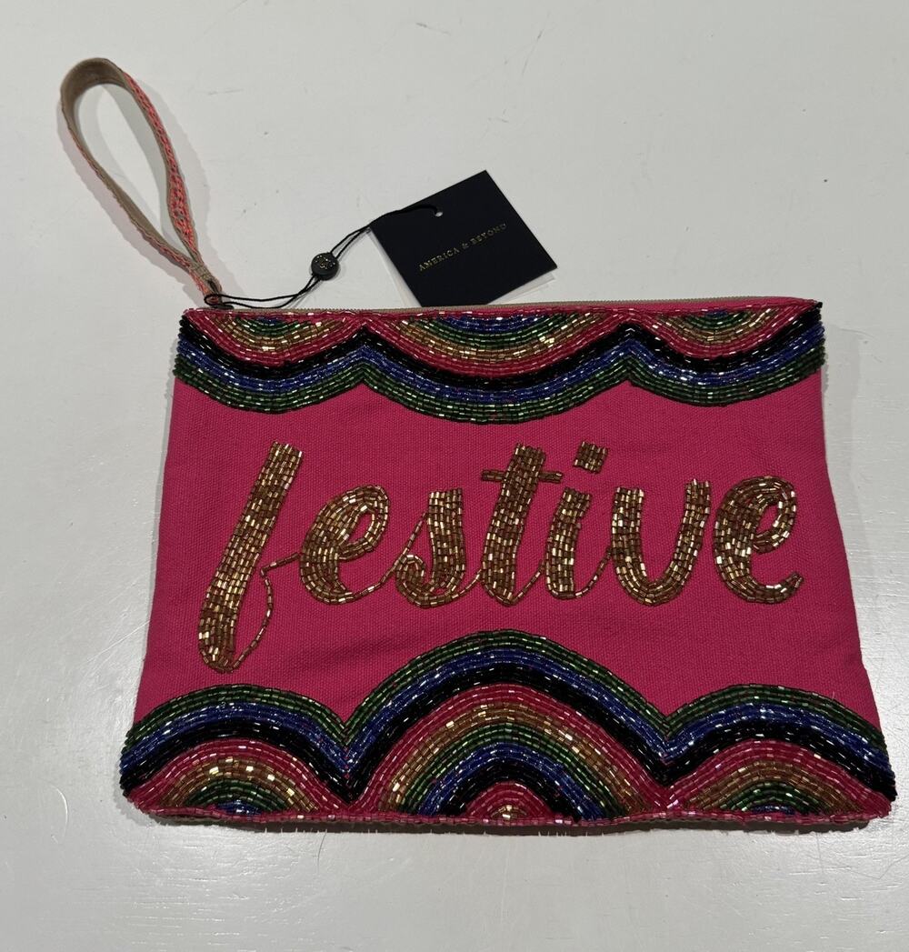 America & Beyond Pink Festive Embellished Beaded Wristlet Purse Pouch Bag